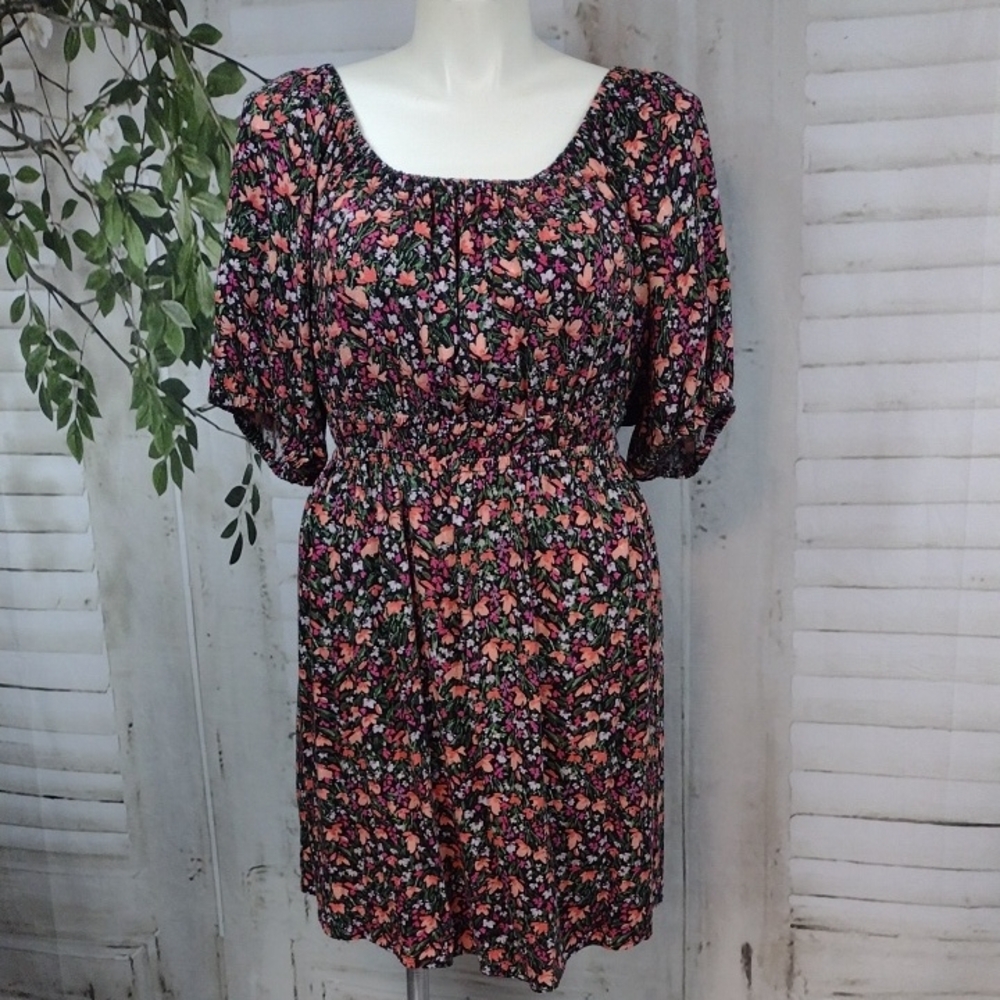 Terra & Sky Black Floral Smocked Midi Dress with Pink Accents Size 1X